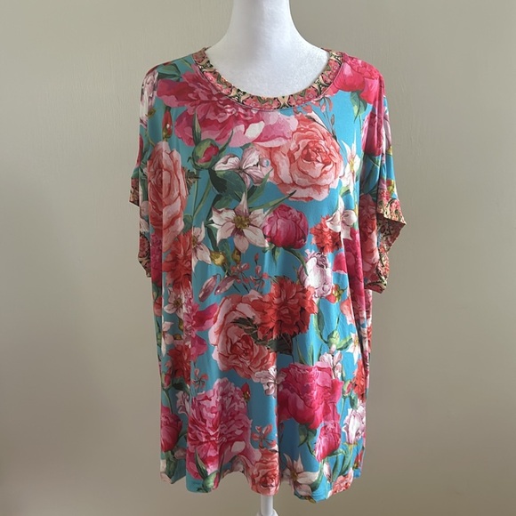 Johnny Was Pink Rose Relaxed Bamboo Floral Tee New Size 2X - Picture 6 of 11